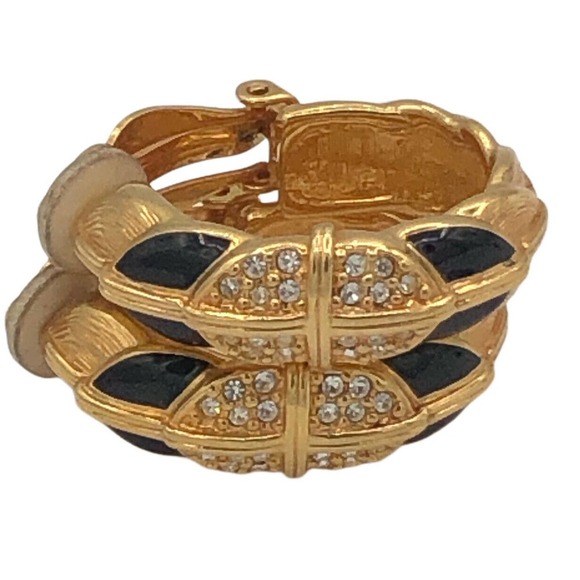 Swarovski Brand Gold Plated Black Enamel Clear Crystal Hoop Clip-On Earrings - Picture 5 of 9